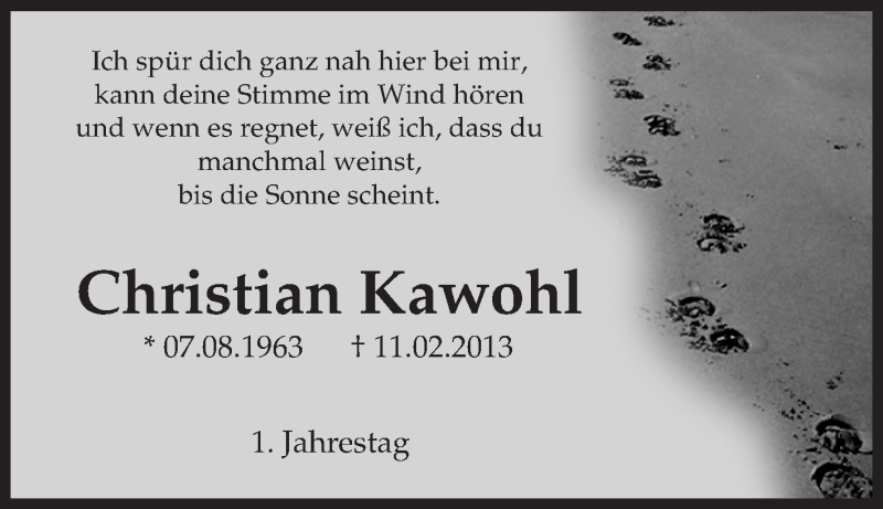  Traueranzeige für Christian Kawohl vom 11.02.2014 aus Westdeutsche Allgemeine Zeitung
